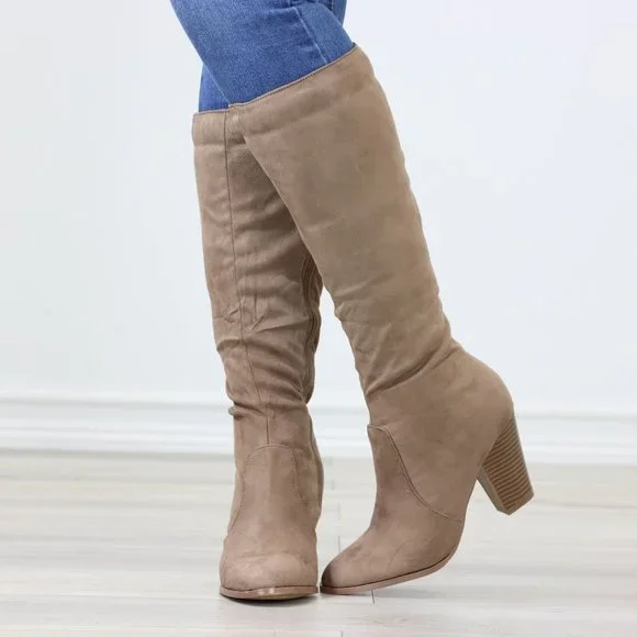 Tan Block Heeled Boots Below The Knee Faux Suede Pointed Toe Womens - Picture 11 of 14